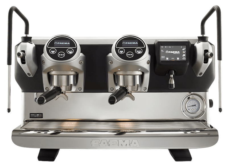 Kaffeeservice 5 A Modern Faema Espresso Machine With A Sleek Stainless Steel Design, Dual-Group Heads, And Digital Controls.