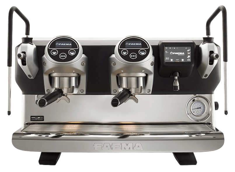 A Modern Faema Espresso Machine With A Sleek Stainless Steel Design, Dual-Group Heads, And Digital Controls.