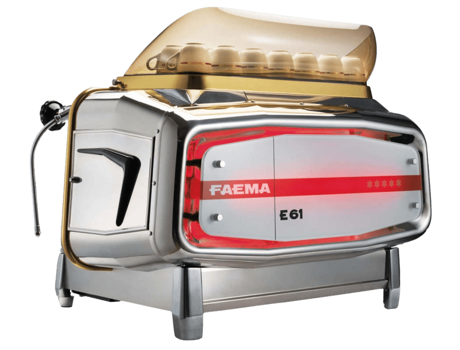 Faema E61 Classic Espresso Machine With A Polished Chrome Finish.